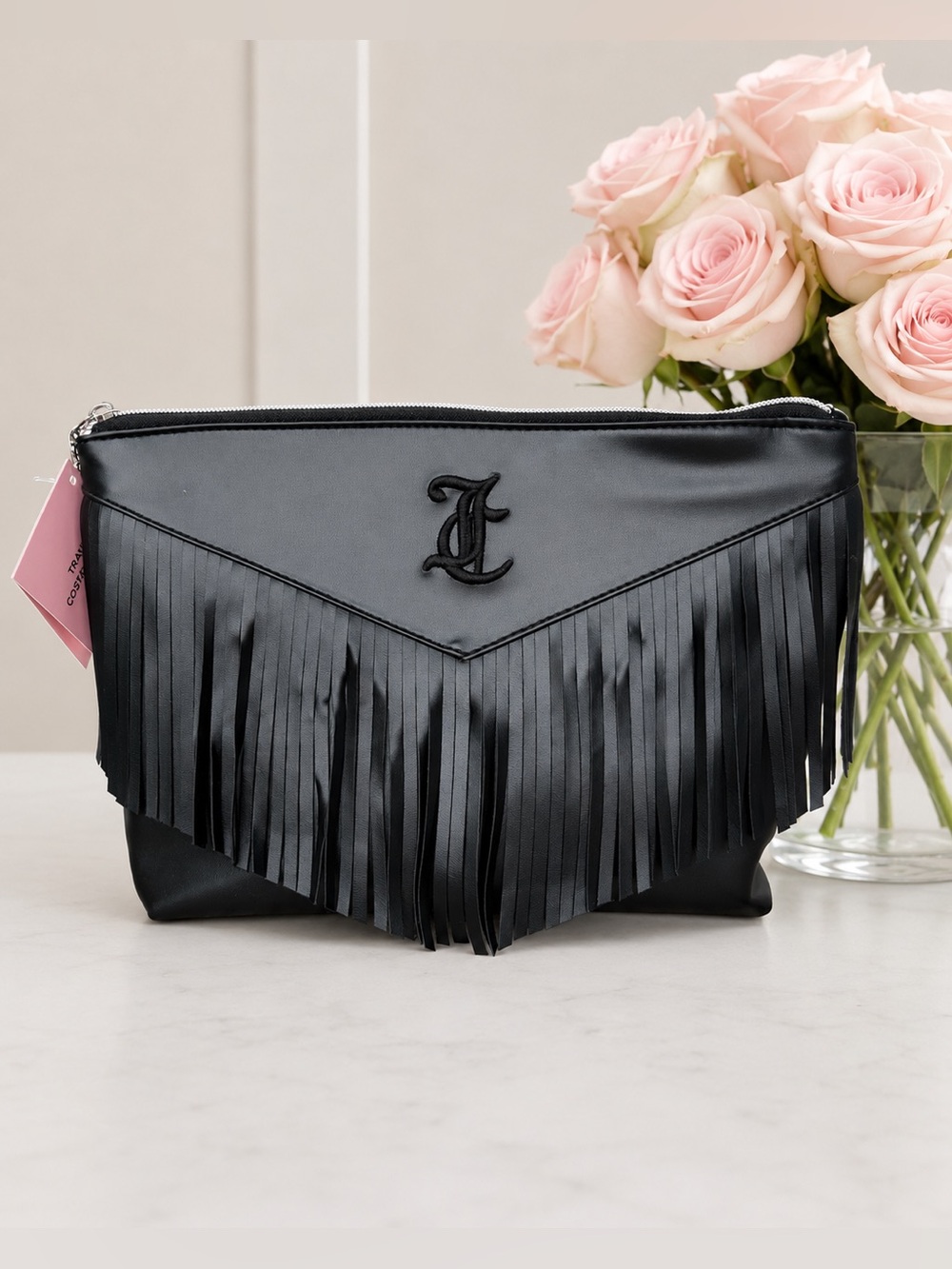 Black Fringe Leather Clutch with Embroidered Monogram